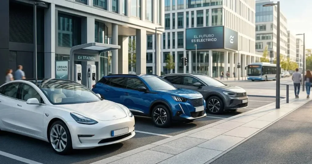 Los 3 modelos de coches eléctricos mejor valorados en 2026 aparcados en ciudad.