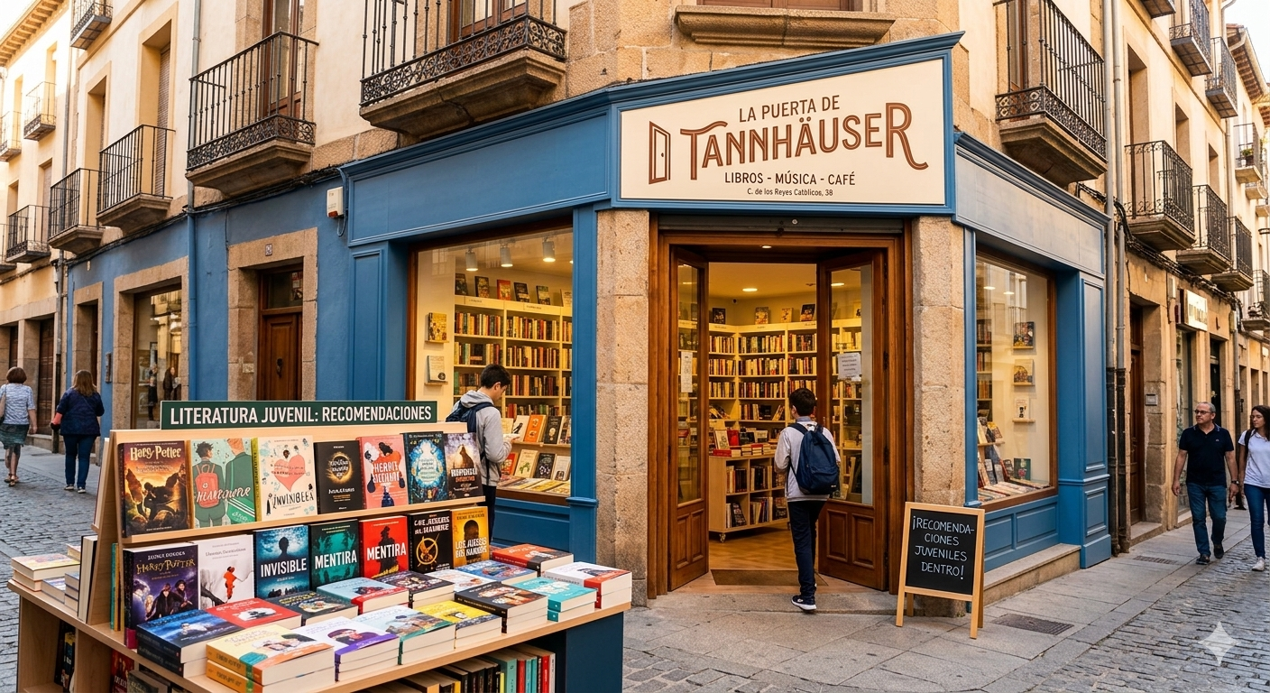 Fachada de la librería La Puerta de Tannhäuser en Cáceres con escaparate de libros juveniles incluyendo títulos como Harry Potter e Invisible